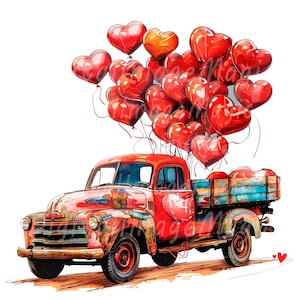 18 Caminhonete carregando clipart de coração do Dia dos Namorados, clipart de aquarela para impressão, PNG de alta qualidade, download digital, artesanato em papel