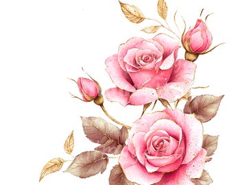 16 Pink Gold Rose Clipart, Pink Rose Stem, Printable Watercolor clipart, Digital download, High Quality PNG/JPGs, Paper craft, Junk Journals