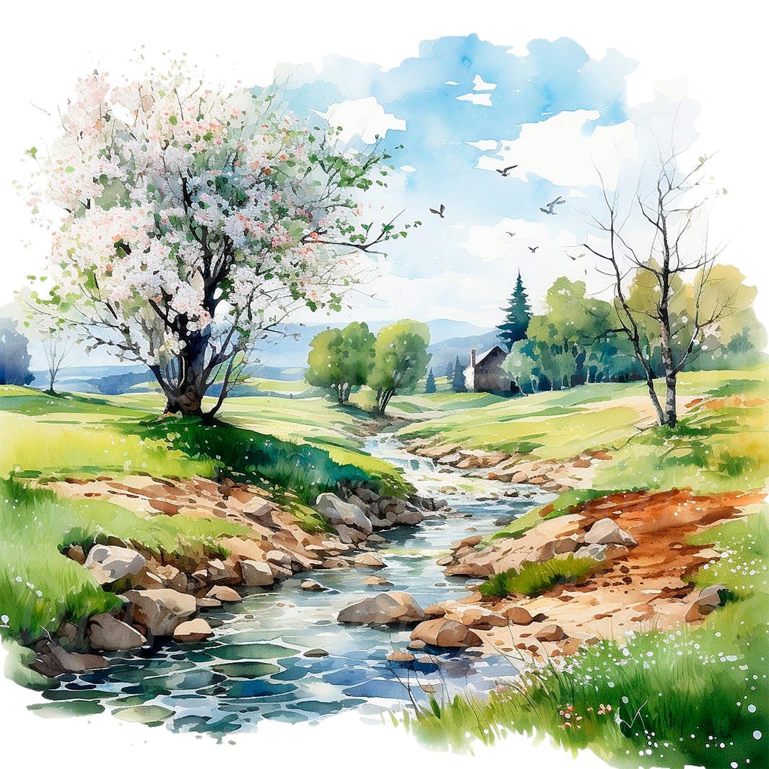 19 Spring Landscape Clipart, Spring Clipart, Printable Watercolor ...