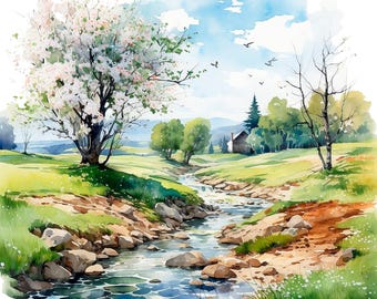 19 Frühling Landschaft Clipart, Frühling Clipart, druckbare Aquarell Clipart, hohe Qualität PNG / JPG, digitaler Download, Papiermodelle, Junk-Journal