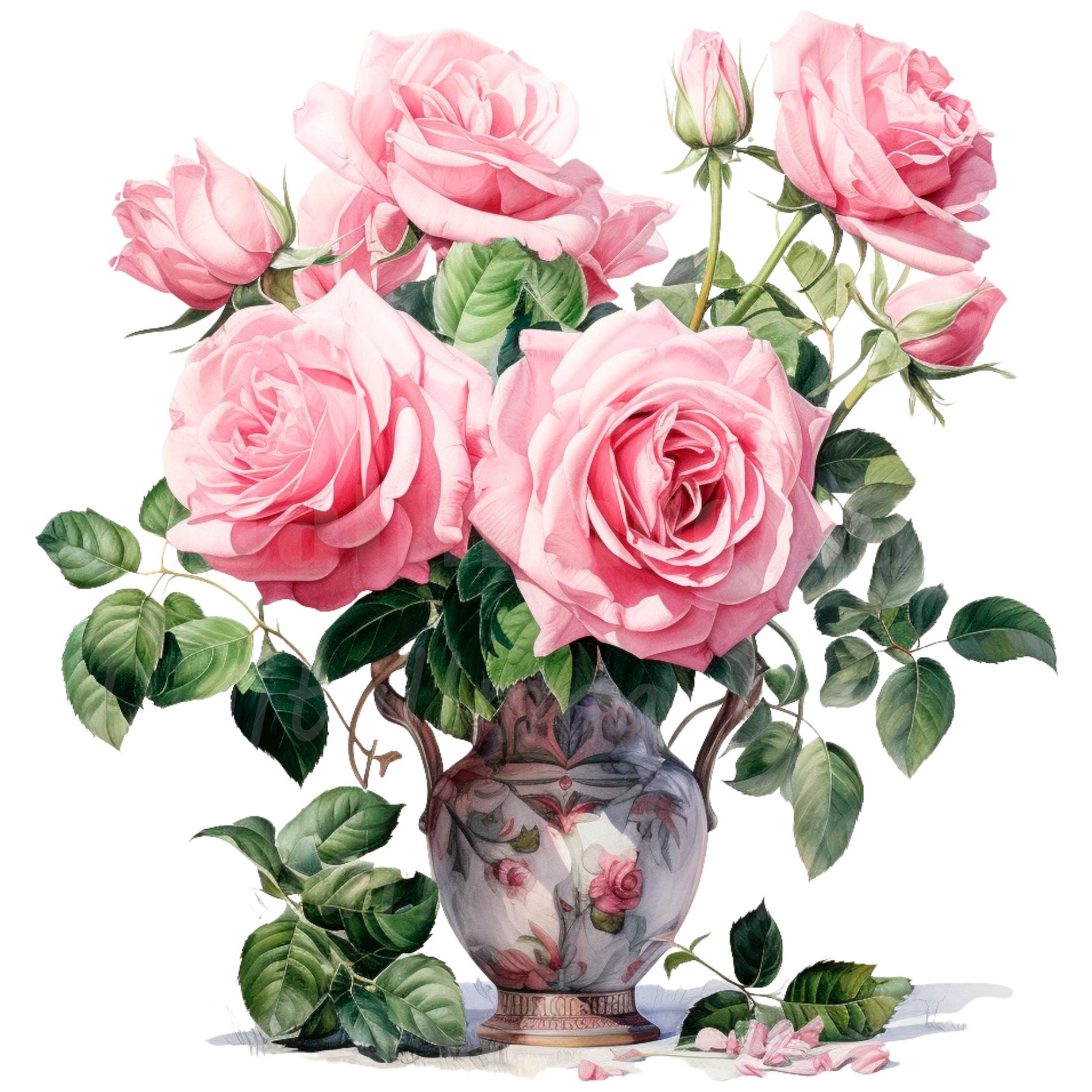 19 Roses in Vase Clipart, Pink Roses, Printable Watercolor Clipart ...