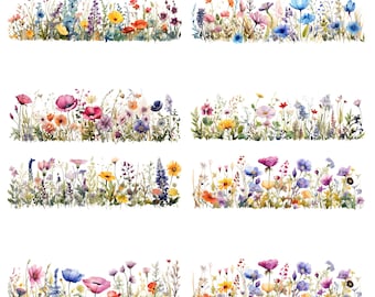 23 PNG fleurs sauvages frontière Clipart, clipart numérique, clipart aquarelle, PNG Transparent, téléchargement numérique, créations en papier, carnets de bord