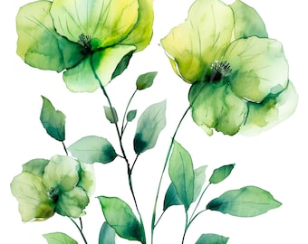 19 Abstract Green Flowers Clipart, Flowers Print, Printable Watercolor clipart, High Quality PNG/JPG, Digital download, Paper craft, Journal