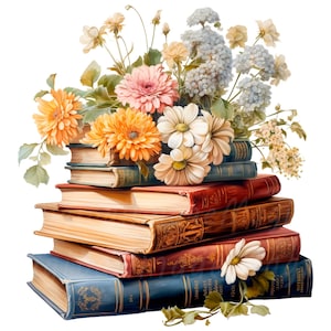 Peut inclure: Illustration d'une pile de livres anciens surmontée d'une composition florale. Les fleurs sont un mélange de marguerites orange, roses et blanches, et d'autres fleurs délicates. Les livres sont de différentes couleurs et tailles.