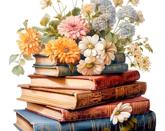 19 Books Pile Clipart, Floral Books clipart, Printable Watercolor clipart, High Quality JPG/PNG, Digital download, Paper craft, junk journal