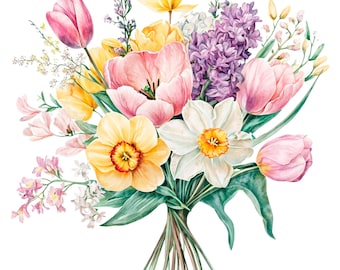 18 Spring Flowers Clipart, Flowers Bouquet Clipart, Printable Watercolor clipart, High Quality JPG/PNG, Digital download, Paper craft