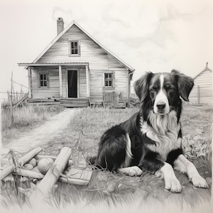 12 Dog Black Ink Clipart, Dog Sitting by Farmhouse, Printable Watercolor clipart, High Quality JPGs, Digital download, Paper craft, Journal