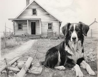 Hund und Bauernhaus Clipart: Schwarze Tusche im Aquarell Stil (Digitaler Download)