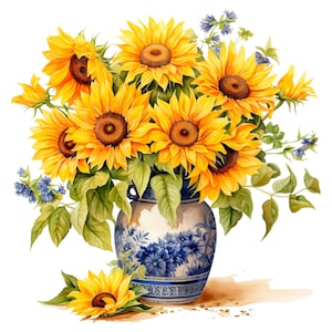 Clipart tournesols, tournesols dans un vase, clipart aquarelle imprimable, 19 JPG/PNG de haute qualité, téléchargement numérique, créations en papier, journal de bordel