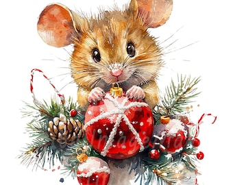 20 kerstmuis clipart, kerstkaart, afdrukbare aquarel clipart, hoge kwaliteit JPG/PNG, digitale download, Paper Craft, ongewenste tijdschriften