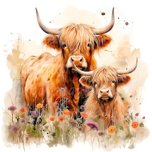 18 Highland Cow Farm Clipart, Farm Clipart, Printable Watercolor clipart, High Quality JPG /PNG, Digital download, Paper craft, Journals