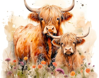 18 Highland Cow Farm Clipart, Farm Clipart, Printable Watercolor clipart, High Quality JPG /PNG, Digital download, Paper craft, Journals
