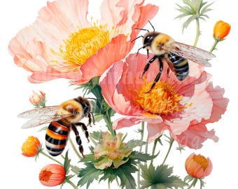 24 Bees in Flowers Clipart, Floral Bees Clipart, Printable Watercolor clipart, High Quality PNG, Digital download, Paper craft, Junk Journal