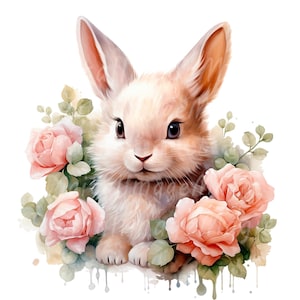 16 Fluffy Bunny in Roses Clipart, Floral Bunny, Printable Watercolor clipart, High Quality JPG/PNGs, Digital download, Paper craft, Journal