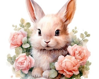 16 Fluffy Bunny in Roses Clipart, Floral Bunny, Printable Watercolor clipart, High Quality JPG/PNGs, Digital download, Paper craft, Journal