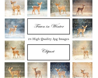 24 Fawn in Winter Clipart, Printable Watercolor clipart, High Quality JPGs, Digital download, High resolution, Paper crafts, Junk journals