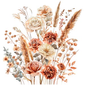 24 Boho Flowers Bouquet Clipart, Kwiaty Papeteria, Róże, Wydrukowalne Akwarele Clipart, Wysokiej Jakości PNG, Papierowe Rękodzieło, Dzienniki śmieci