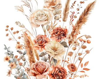 24 Boho Flowers Bouquet Clipart, Flowers Stationery, Roses, Printable Watercolor clipart, High Quality PNGs, Paper craft, junk journals