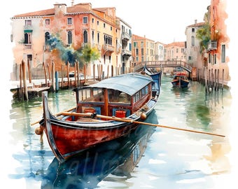 ヴェネツィアのゴンドラの水彩画クリップアート、ロマンチックな運河の