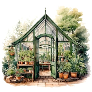 19 clipart de estufa de jardim, planejador digital, clipart de aquarela para impressão, JPG/PNGs de alta qualidade, download digital, artesanato em papel, diário