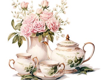 19 Vintage Tea Set Clipart, Floral Tea Set, Printable Watercolor clipart, High Quality PNG/JPG, Digital download, Paper craft, Junk Journals