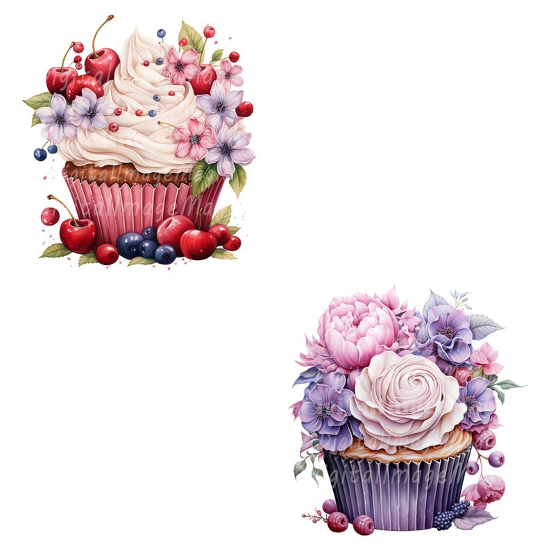 24 Floral Cupcake Clipart, Cupcake Prints, Printable Watercolor Clipart ...