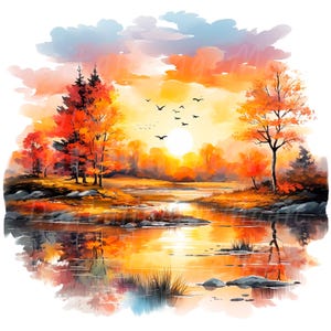18 Clipart de pôr do sol no outono, Paisagem de outono, Clipart de aquarela para impressão, JPG/PNG de alta qualidade, Download digital, Artesanato em papel, Diário de lixo