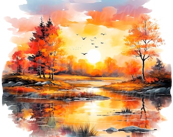 18 Sunset in Autumn Clipart, Fall Landscape, Printable Watercolor clipart, High Quality JPG/PNG, Digital download, Paper craft, Junk Journal