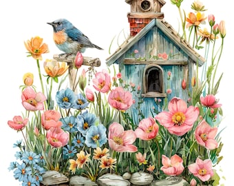 May include: A bluebird perched on a wooden post in front of a blue birdhouse with a red brick chimney. The birdhouse is surrounded by pink and white flowers.