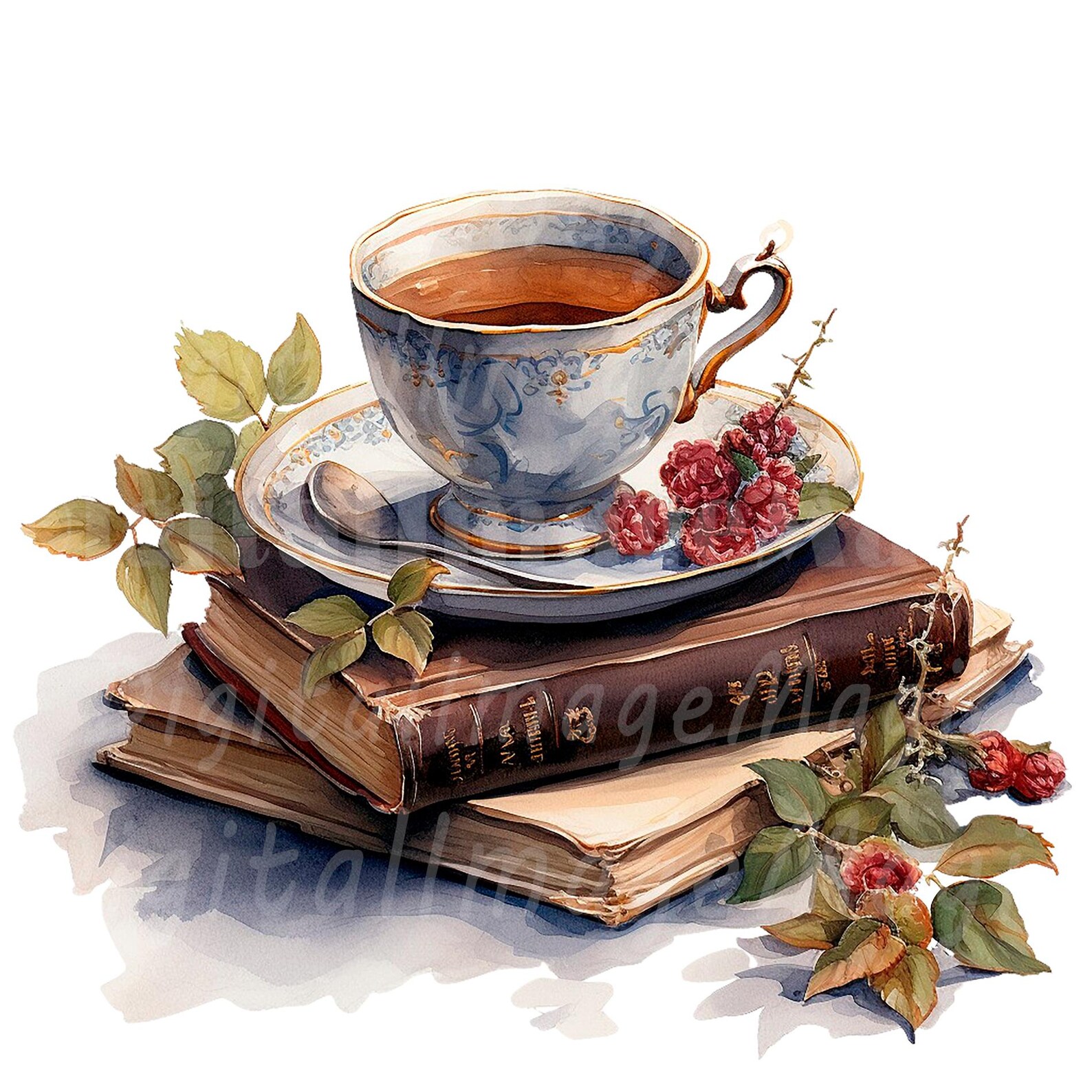 18 Tea and Book Clipart, Vintage Book Clipart, Printable Watercolor ...