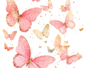 Pink Golden Butterfly Clipart: Watercolor PNG Images (Digital Download)