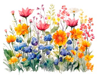 19 Spring Flowers Flowerbed Clipart, Florals, Printable Watercolor clipart, High Quality JPG/PNGs, Digital download, Paper craft, Journal