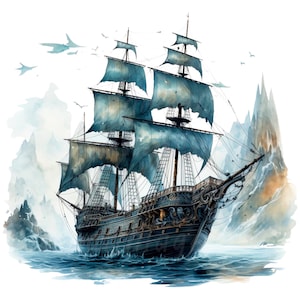 May include: A large, black, wooden sailing ship with blue sails. The ship is sailing on a calm sea with a mountainous background.