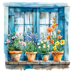 Puede incluir: Una pintura de acuarela de una ventana con cuatro plantas en macetas. La ventana está pintada de azul y tiene molduras blancas. Las plantas están en macetas de terracota y están llenas de flores coloridas. Las flores son rosas, azules, amarillas y naranjas.