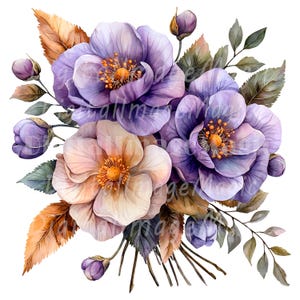 24 Purple Flowers Bouquet Clipart, Violet Floral, Printable Watercolor clipart, High Quality PNG, Digital download, Paper craft, Journal