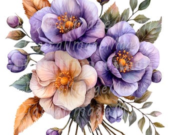 24 Purple Flowers Bouquet Clipart, Violet Floral, Printable Watercolor clipart, High Quality PNG, Digital download, Paper craft, Journal