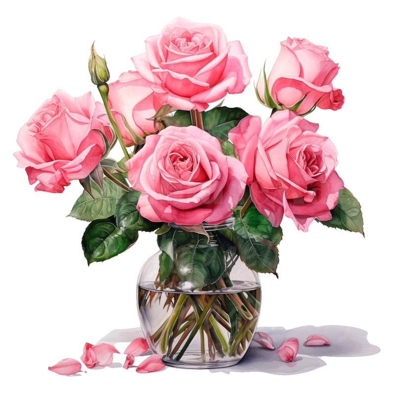 19 Roses in Vase Clipart, Pink Roses, Printable Watercolor Clipart ...