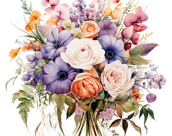 16 Floral bouquet Clipart, Wedding flowers, Printable Watercolor clipart, High Quality JPG/PNG, Digital download, Paper craft, junk journals