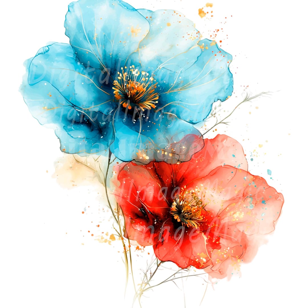 抽象的な水彩画の花のクリップアート：青と金の花のPNG（デジタル