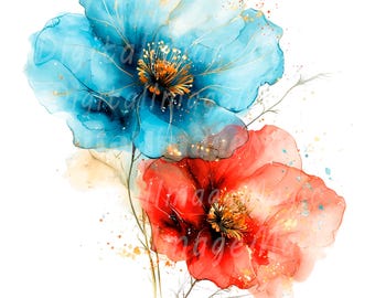 Clipart di fiori ad acquerello astratti: PNG floreali blu e oro (download digitale)