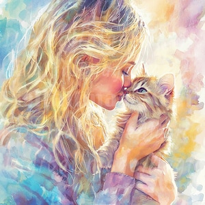 16 Clipart femme et chat, chat amour Clipart, clipart aquarelle imprimable, JPG de haute qualité, téléchargement numérique, créations en papier, journaux indésirables