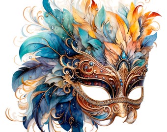 19 Carnival Mask Clipart, Venetian Masquerade, Printable Watercolor clipart, High Quality JPG/PNGs, Digital download, Paper craft, Journal
