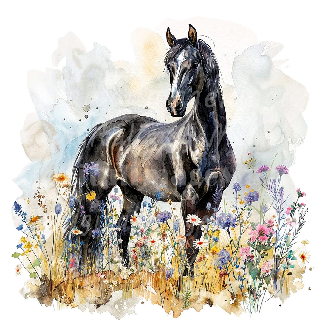 24 Floral Horses in Flowers Clipart, Printable Watercolor Clipart, High ...