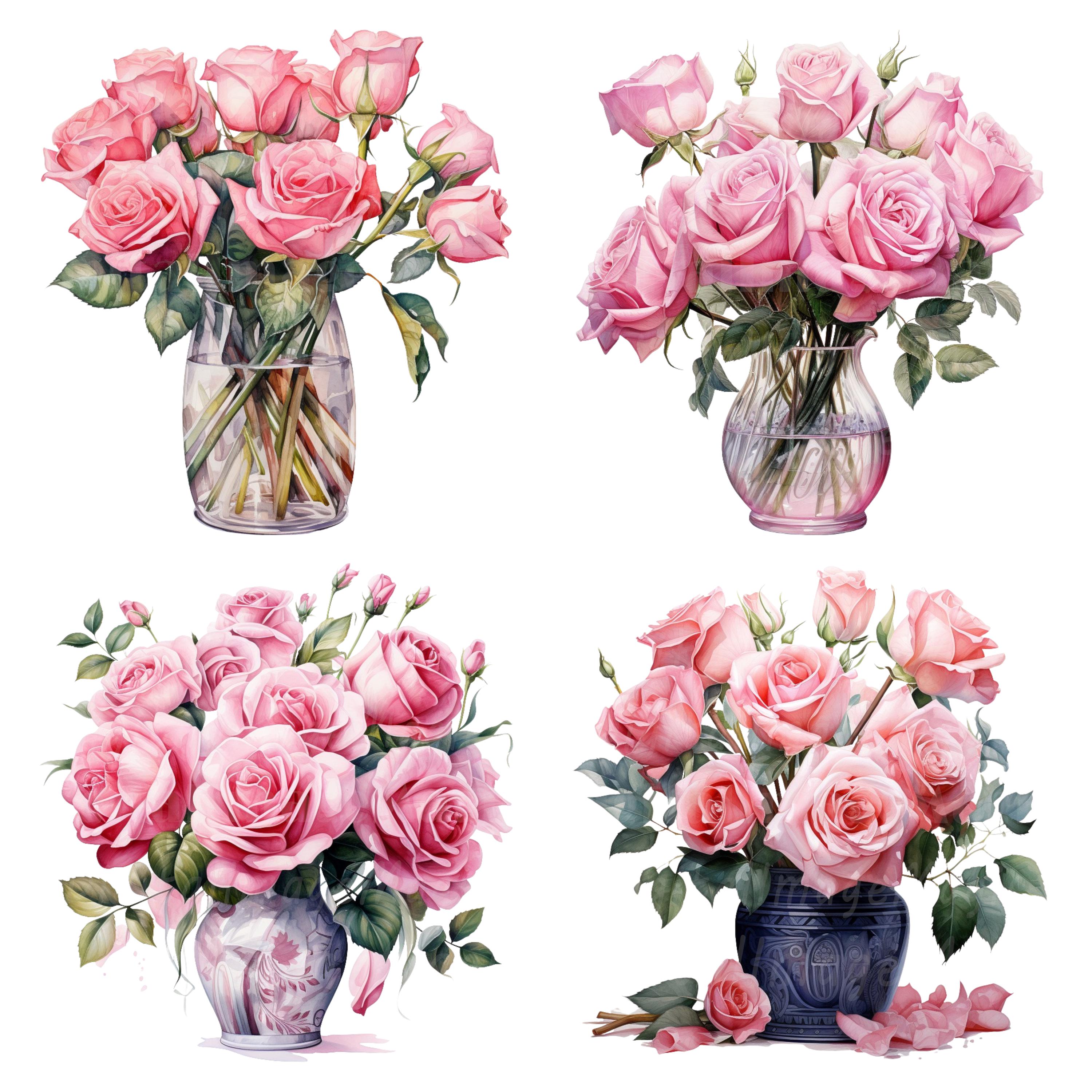19 Roses in Vase Clipart, Pink Roses, Printable Watercolor Clipart ...