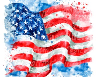 May include: A watercolor painting of an American flag waving in the wind. The flag is red, white, and blue with a blue field of stars. The background is a light blue watercolor wash with white splatters.