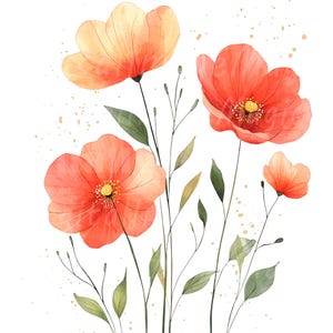 May include: A watercolor illustration of four flowers in shades of peach and coral with yellow centers. The flowers are attached to thin, dark green stems with delicate, pointed leaves. Small gold-colored paint splatters surround the flowers.