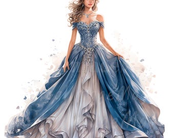 20 Princess Gowns Clipart, Princess Dresses, Printable Watercolor clipart, High Quality JPG/PNG, Digital download, Paper craft, junk journal