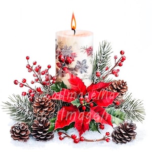 24 Christmas Candle clipart, poinsettia clipart, afdrukbare aquarel clipart, hoge kwaliteit jpg's, digitale download, Papercraft