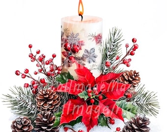 24 Christmas Candle Clipart, Poinsettia Clipart, Printable Watercolor clipart, High Quality JPGs, Digital download, Paper craft