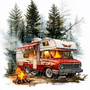 24 Clipes de trailer de acampamento, acampamento, viagem, clipart de aquarela para impressão, JPG de alta qualidade, download digital, artesanato em papel, diários de lixo